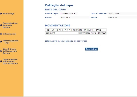 ricerca dati capo bovino su banca dati anagrafe zootecnica nazionale